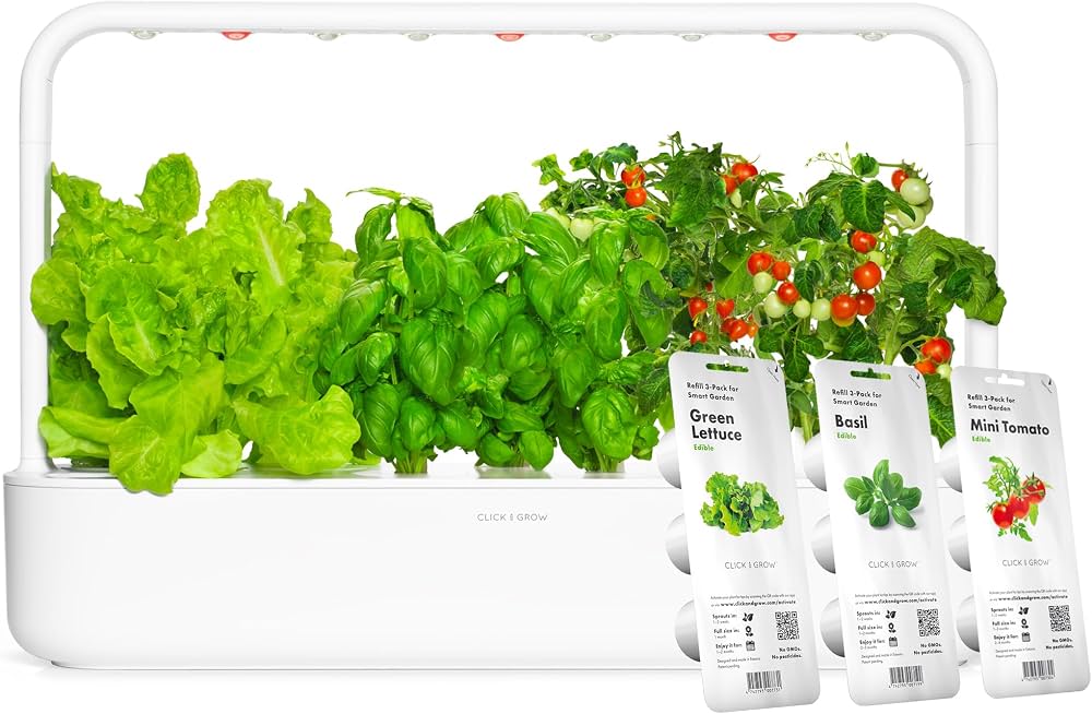 Click and Grow herbs growing on a bright countertop